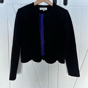 Cropped Black Blazer, Purple crepe fabric.Scalloped Edge. Great on petite frames